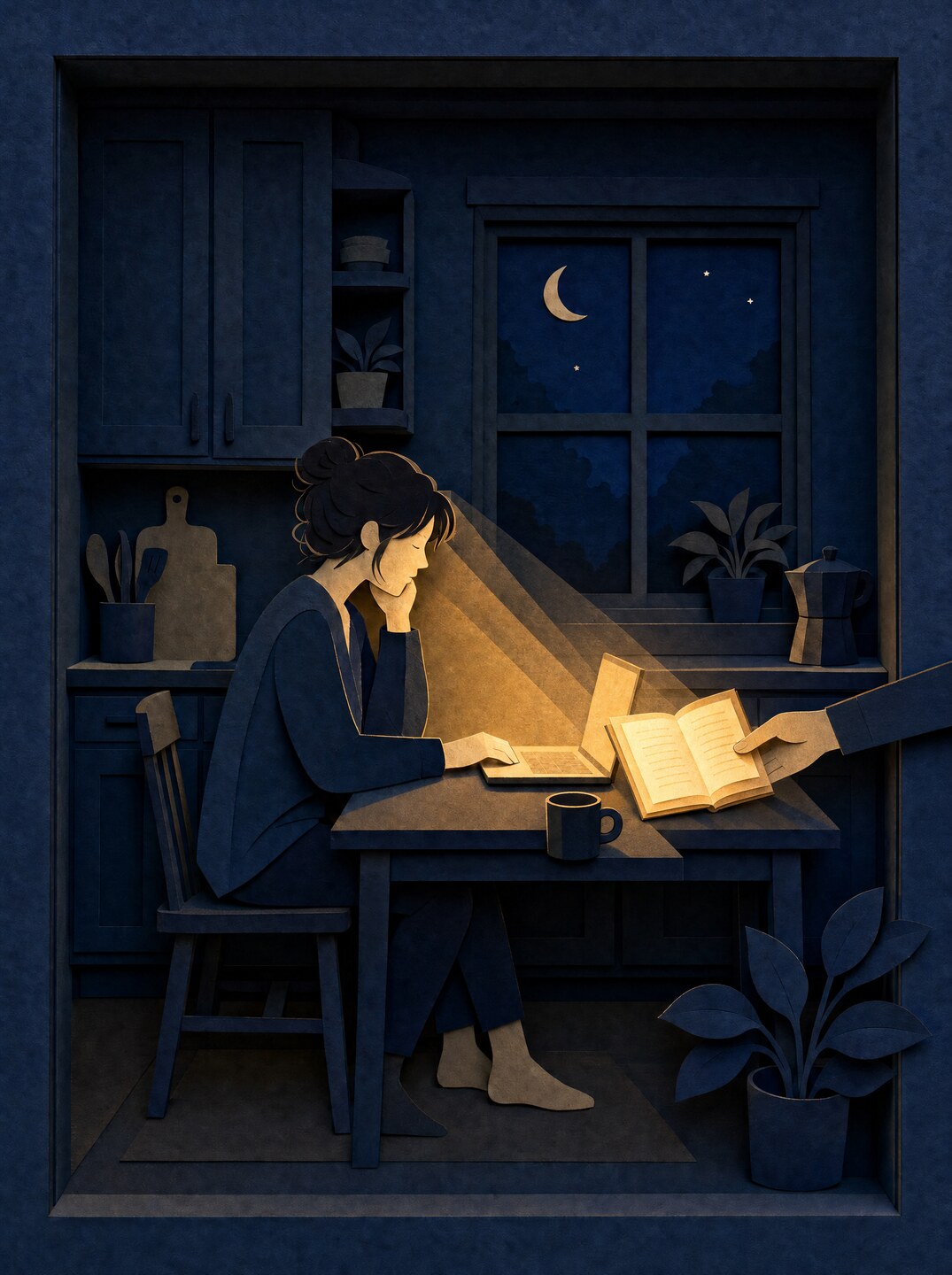 Paper-cut scene: a late-night worker handed a glowing guide