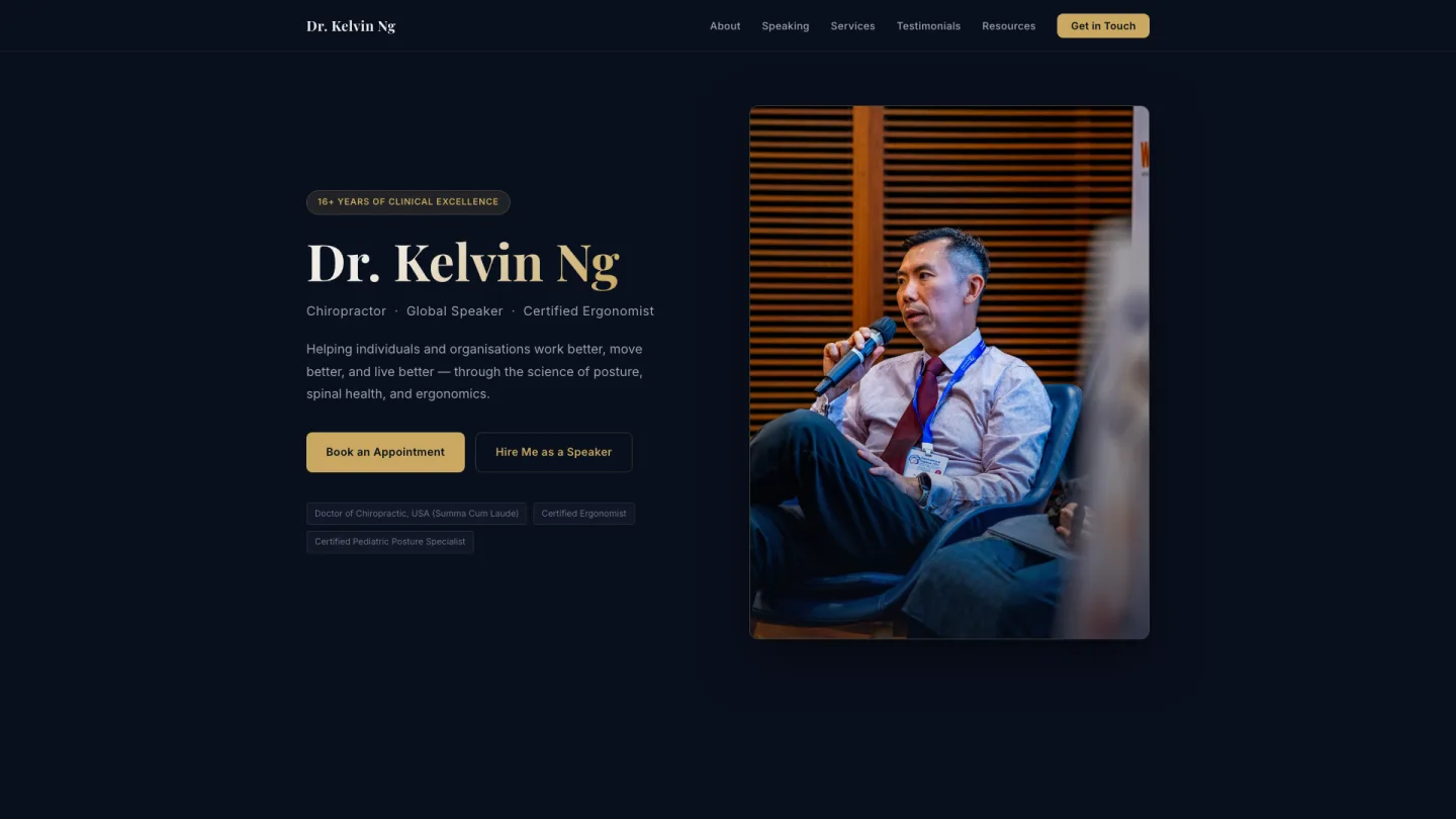 Dr Kelvin Ng, Chiropractor and corporate speaker, website built in the Claude Code workshop