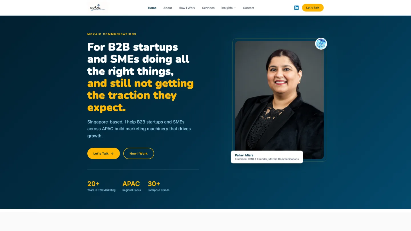 Pallavi Misra, Fractional CMO and Founder, Mozaic Communications, website built in the Claude Code workshop