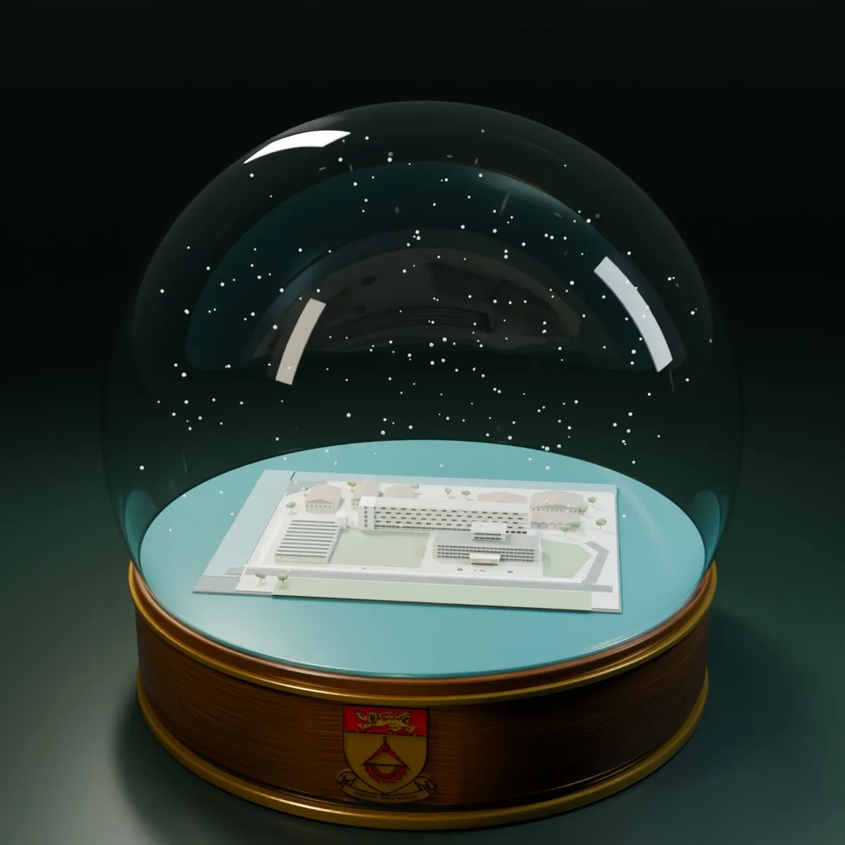The 3D campus inside a snow globe, with a raised SP crest on the base